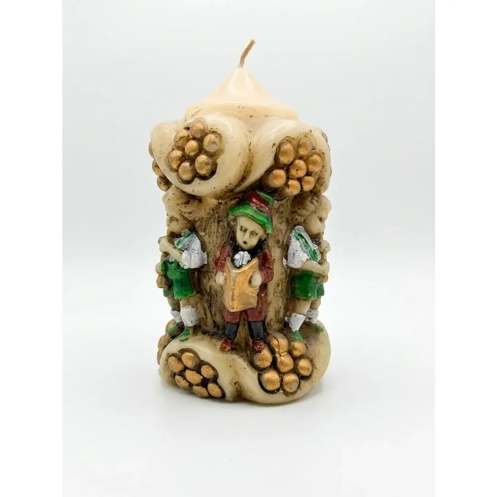 Vintage German Carved Candle, Bavarian Carolers Musicians, Hand Carved